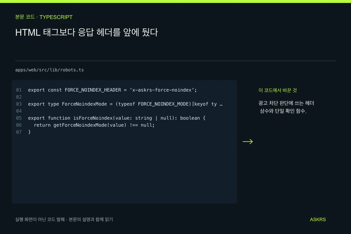 HTML 태그보다 응답 헤더를 앞에 뒀다 — apps/web/src/lib/robots.ts 코드 발췌와 글의 핵심 내용