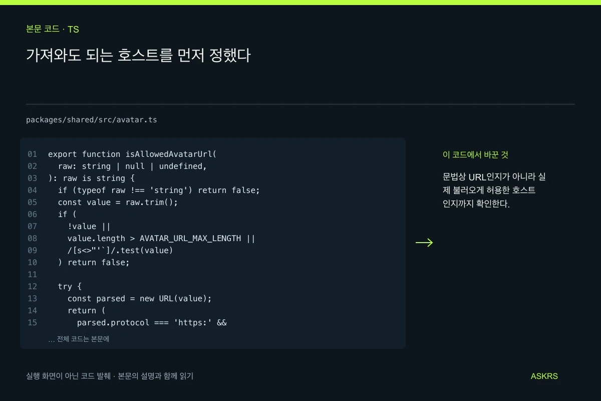 가져와도 되는 호스트를 먼저 정했다 — packages/shared/src/avatar.ts 코드 발췌와 글의 핵심 내용