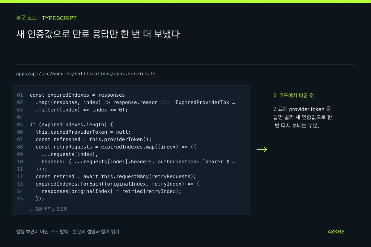새 인증값으로 만료 응답만 한 번 더 보냈다 — apps/api/src/modules/notifications/apns.service.ts 코드 발췌와 글의 핵심 내용