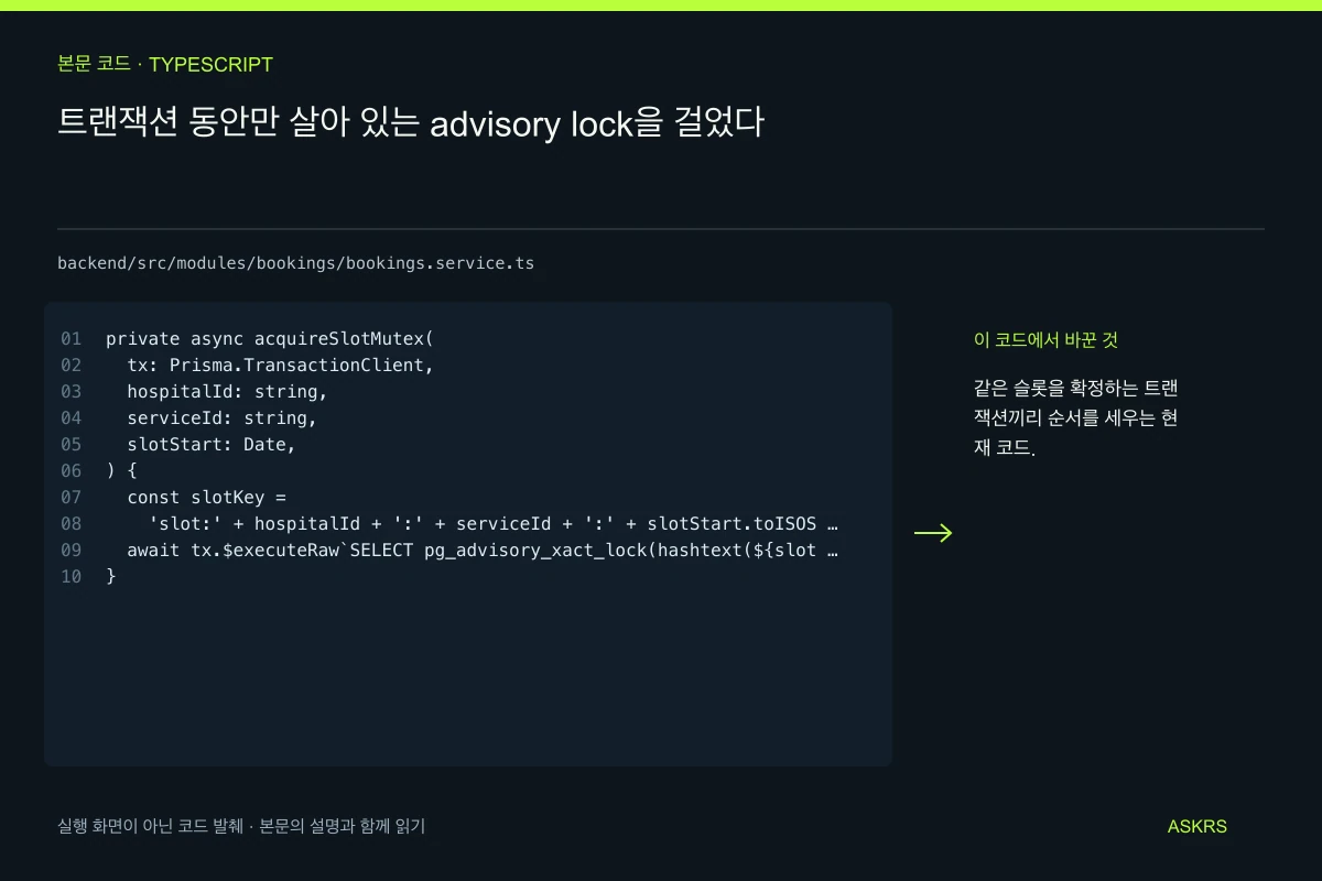 트랜잭션 동안만 살아 있는 advisory lock을 걸었다 — backend/src/modules/bookings/bookings.service.ts 코드 발췌와 글의 핵심 내용