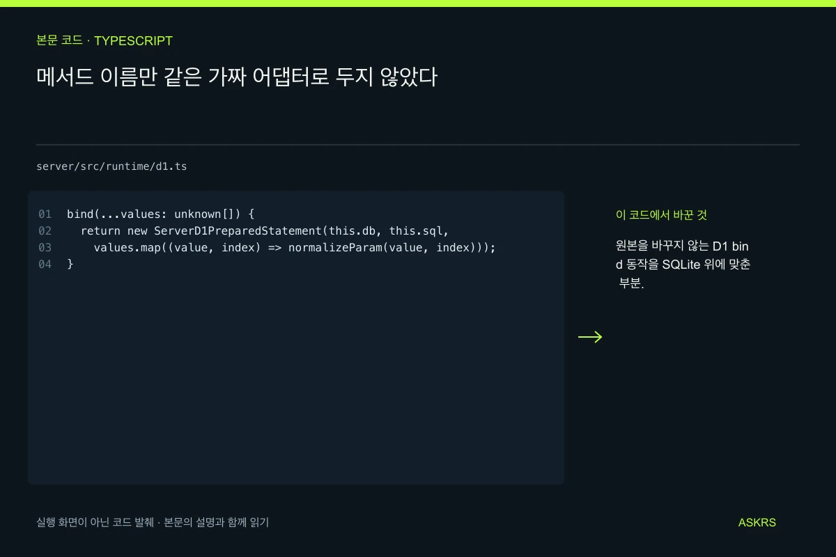 메서드 이름만 같은 가짜 어댑터로 두지 않았다 — server/src/runtime/d1.ts 코드 발췌와 글의 핵심 내용