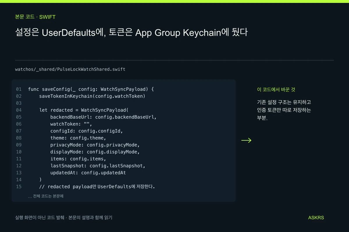 설정은 UserDefaults에, 토큰은 App Group Keychain에 뒀다 — watchos/_shared/PulseLockWatchShared.swift 코드 발췌와 글의 핵심 내용