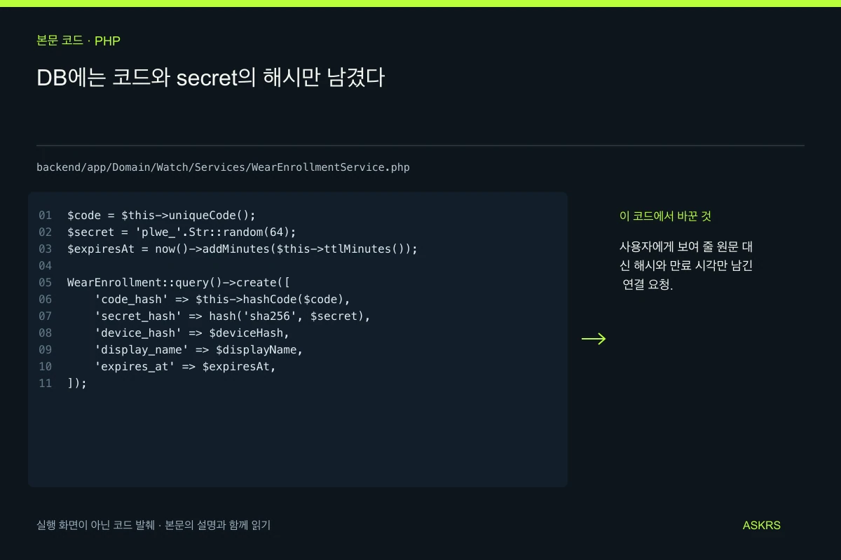 DB에는 코드와 secret의 해시만 남겼다 — backend/app/Domain/Watch/Services/WearEnrollmentService.php 코드 발췌와 글의 핵심 내용
