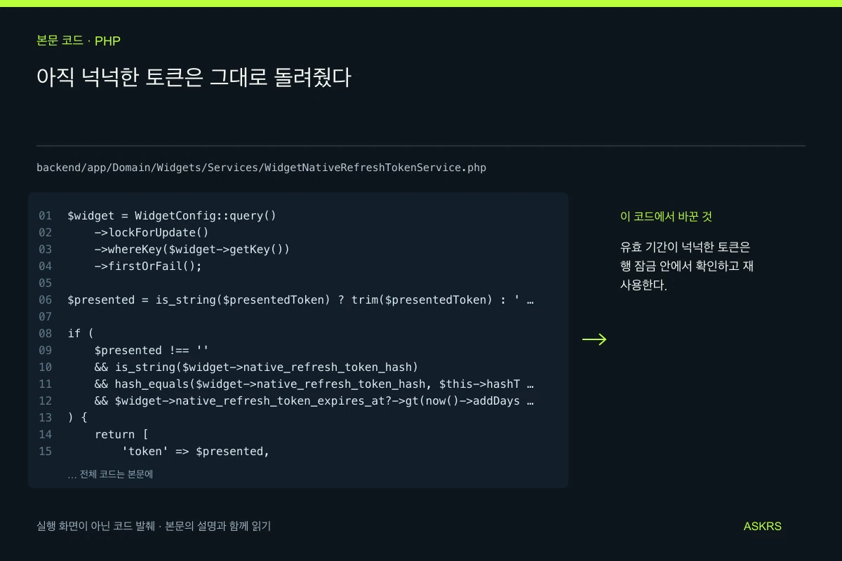 아직 넉넉한 토큰은 그대로 돌려줬다 — backend/app/Domain/Widgets/Services/WidgetNativeRefreshTokenService.php 코드 발췌와 글의 핵심 내용
